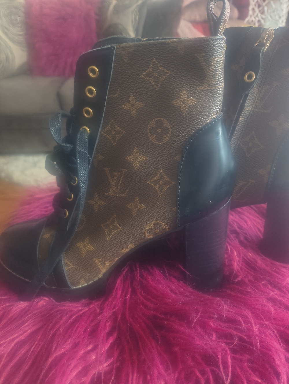Louis Vuitton Brown & Black Monogram Lace-Up Block Heel Boots